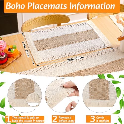 6 Sets Boho Placemats Round Woven Placemats, Cloth Napkins, Wood Bead Napkin Rings, Long Table Runner and Farmhouse Rustic Placemats Natural Burlap Cotton for Kitchen Dining Table Home