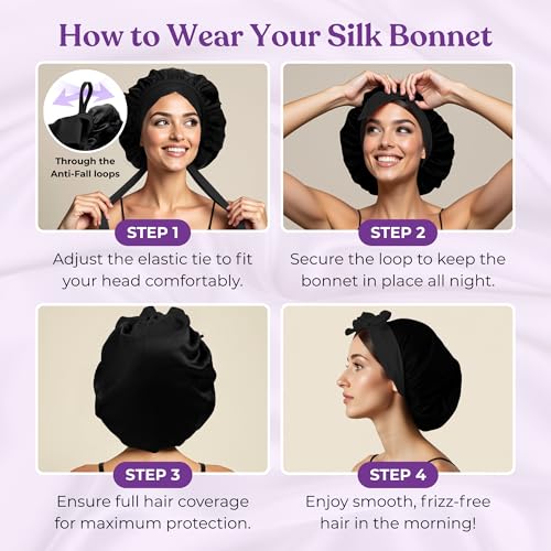 100% Mulberry Silk Bonnet for Sleeping Women – Double-Layered 22 Momme Silk Hair Wrap – Adjustable Non-Slip Tie – Reduces Frizz & Preserves Style – Gift Boxed, HQTS-Certified (Black)