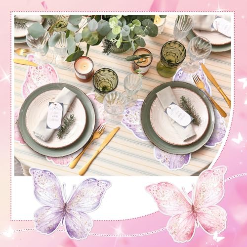 50 Pack Paper Butterfly Placemats Disposable Party Placemats Pink and Purple Butterfly Table Mats for Baby Shower Wedding Birthday Kitchen Dining Table Decoration