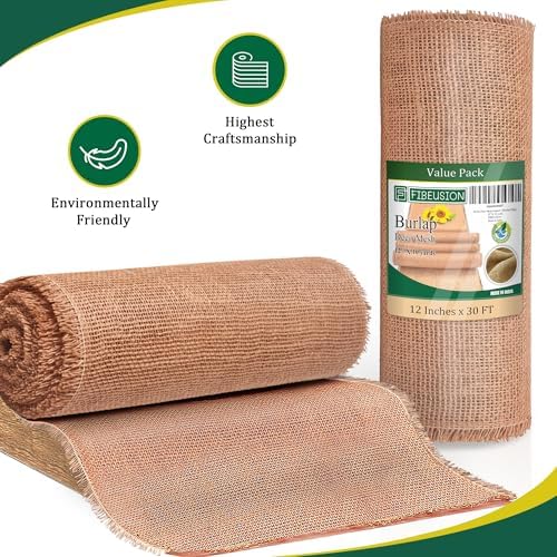 Stiffen Burlap Roll 12" x 30 FT - No-Fray Finished Edge Natural Burlap Fabric – No Odor, Eco-Friendly Roll for Gardening, Rustic Table Decor and Other DIY Crafts