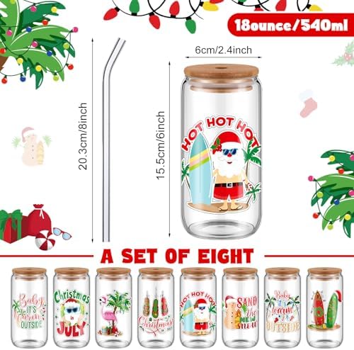 Sliner 8 Pcs 18oz Christmas in July Mason Jar Cups Summer Christmas Gift Mug with Lid and Straw Yulefest Tumbler Glasses Coffee Cups Jar Water Glassware Home Yuletide Decorations Gift for Women Men