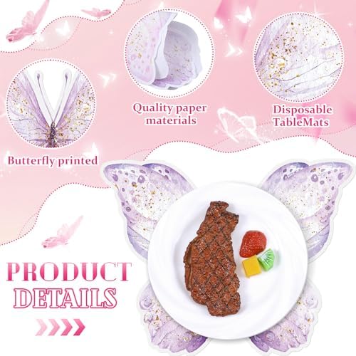 50 Pack Paper Butterfly Placemats Disposable Party Placemats Pink and Purple Butterfly Table Mats for Baby Shower Wedding Birthday Kitchen Dining Table Decoration