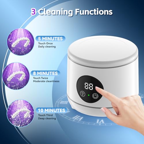 Ultrasonic Retainer Cleaner, 45kHz Denture Cleaner Machine for Mouth Guards, Braces, Toothbrush Heads, Jewelry, Ring, 7.8oz Portable Dental Cleaning Pod with 3 Modes and Digital Timer