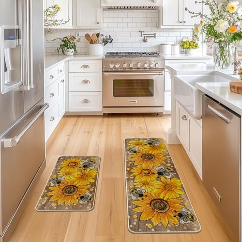 Artoid Mode Bee Sunflower Daisy Spring Kitchen Mats Set of 2, Summer Home Decor Low-Profile Kitchen Rugs for Floor - 17x29 and 17x47 Inch
