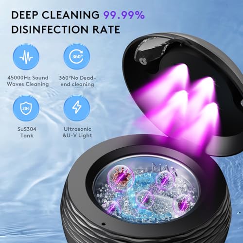 Ultrasonic Retainer Cleaner Machine - 45kHz Sonic Dental Cleaning Pod for Denture Mouth Guard, 200ML 4 Timer Modes Portable Ultrasonic Denture Cleaner for Dental Appliances, Aligner, Jewelry (Black)