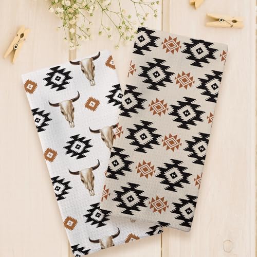 Boho Western Kitchen Towels, Retro Bull Skull Hand Towels, Trendy Vintage Skull Cow Head Dish Towels Dishcloths Tea Towels for Kitchen, Aztec Longhorn Preppy Kitchen Bath Decor Set of 2, 16x24in