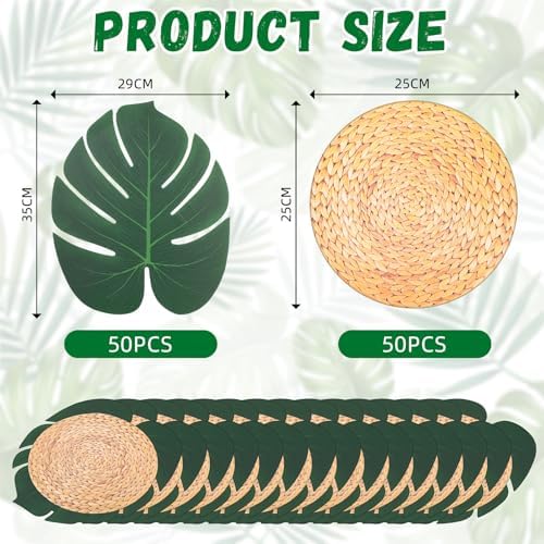 50 Pack Havana Night Party Luau Placemats and Palm Placemat, Round Luau Wooden Placemats Tropical Palm Leaf Place Mats Bulk Table Paper Mat for Summer Spring Fall Wedding Dinner