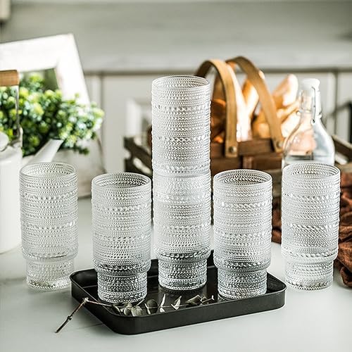 KEMORELA Set of 6 Hobnail Drinking Glasses with Cool Glassware Lid and Straw, 16oz XL Highball Bubble Cocktail, Old Fashioned Beverage Glasses, Romantic Water Glasses for Juice