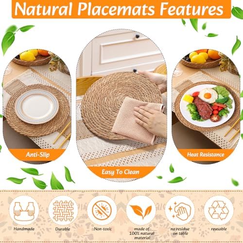 6 Sets Boho Placemats Round Woven Placemats, Cloth Napkins, Wood Bead Napkin Rings, Long Table Runner and Farmhouse Rustic Placemats Natural Burlap Cotton for Kitchen Dining Table Home