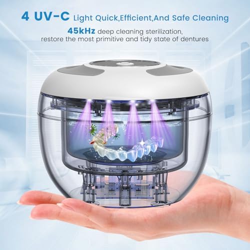 Ultrasonic Retainer Cleaner Machine - 45kHz Denture Cleaner UV Light 4 Modes with Digital Timer 200ML Portable Dental Cleaning Pod for Mouth Guards, Braces, Toothbrush Heads
