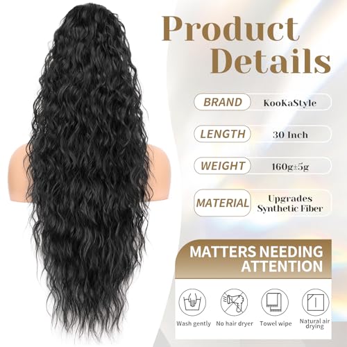 KooKaStyle Ponytail Extension 30 Inch Drawstring Pony Tails Hair Extensions for Women Long Curly Ponytail Synthetic Hairpieces for Daily Use(Black-1B)