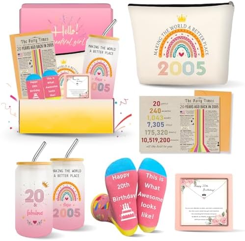 20th Birthday Gifts for Girls Women, Trendy 20 Year Old Girl Gift Ideas for Female Daughter Sister Niece, Cool Happy 2005 Decorations Presents Basket Glass Cup Sock