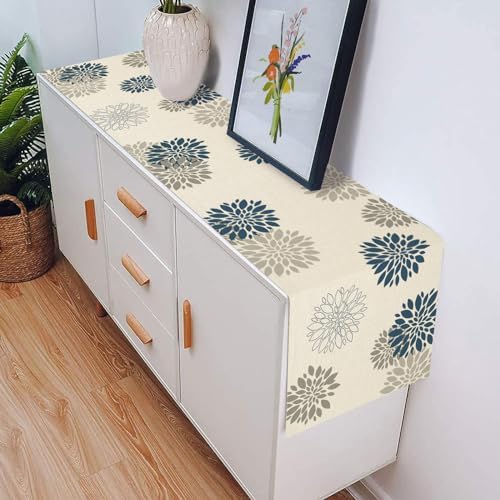Blue Gray Table Runner Dahlia Pinnata Flower Table Runners Modern Elegant Pompon Farmhouse Geometric Table Center Decor for Home Dining Party Entrance (13x72 Inch)