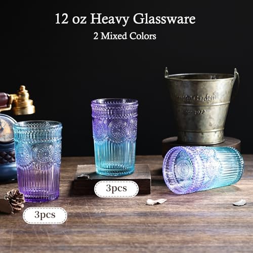 6pcs Vintage Drinking Glasses Set, 12 oz Glass Cups, Embossed Ribbed Glassware Water Tumblers for Cocktail, Water, Juice, Beer, Coffee, Whiskey