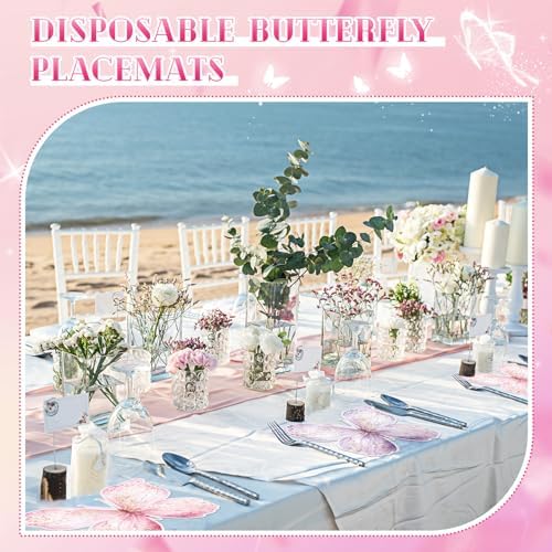 50 Pack Paper Butterfly Placemats Disposable Party Placemats Pink and Purple Butterfly Table Mats for Baby Shower Wedding Birthday Kitchen Dining Table Decoration