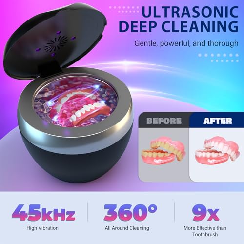 Ultrasonic Retainer Cleaner, 200ML Denture Cleaner for Mouthguard, Aligner, Brace, Night Guard and Dental Appliance with 4 Modes, 45kHz Jewelry Cleaner for Rings, Dental Cleaning Pod with Basket
