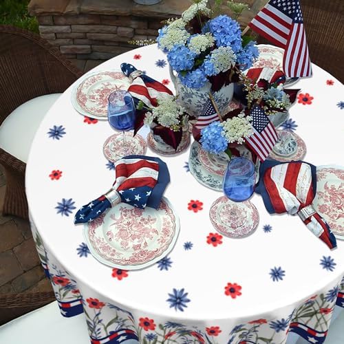 4th of July Round Tablecloth 60 Inch, Independence Day Tablecloth Memorial Day Table Cover American Red Blue Floral Decorative Patriotic Table Cover , Summer Seasonal Dinner Party Picnic Decoration