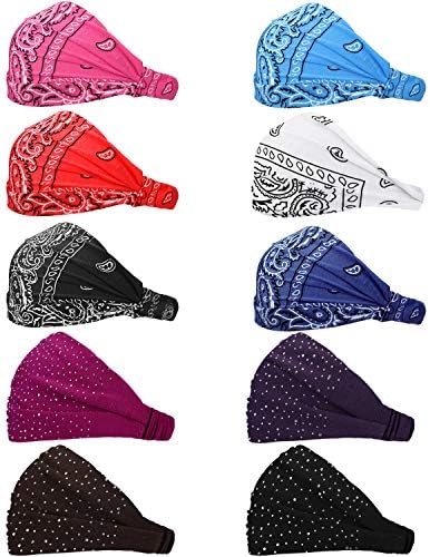 WILLBOND 10 Pcs Wide Bandana Headbands for Women Non Slip Paisley Crystal Hairband Elastic Boho Bling Rhinestone Head Wrap Stretchy Turban Bandana Hair Accessories for Sports Yoga Gym Workout