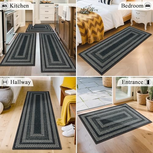 HEBE Washable Kitchen Rugs Sets of 3, Non Slip Absorbent Kitchen Rugs and Mats, Farmhouse Stain Resistant Faux Jute Kitchen Mat Carpet Runner for Kitchen Floor, Laundry Room, Hallway, Black/Grey