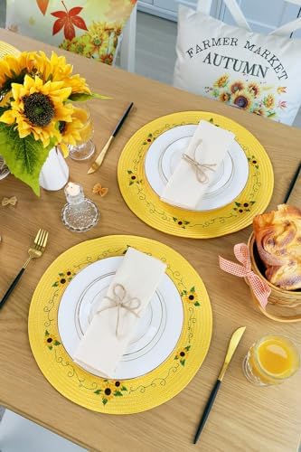 Feuille Sunflower Placemats Set of 4 Round Summer Placemats for Dining Table Yellow Placemats Hello Sunshine Table Mats Perfect for Spring Decorations