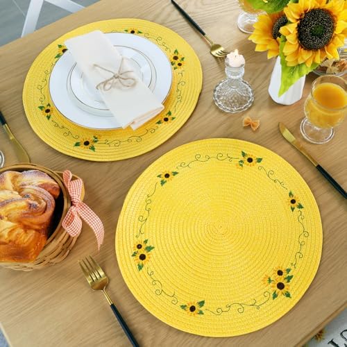 Feuille Sunflower Placemats Set of 4 Round Summer Placemats for Dining Table Yellow Placemats Hello Sunshine Table Mats Perfect for Spring Decorations
