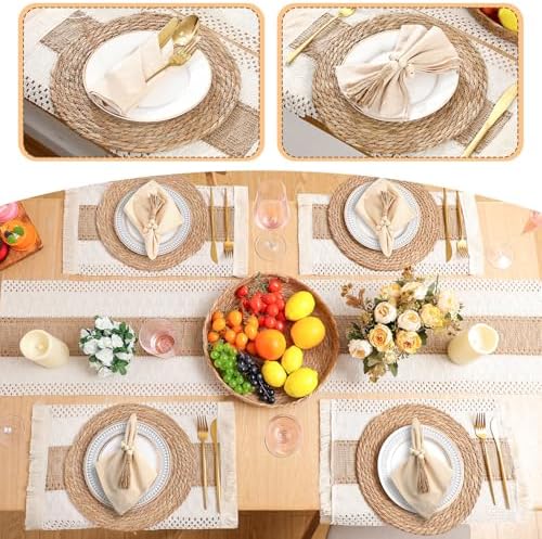 6 Sets Boho Placemats Round Woven Placemats, Cloth Napkins, Wood Bead Napkin Rings, Long Table Runner and Farmhouse Rustic Placemats Natural Burlap Cotton for Kitchen Dining Table Home