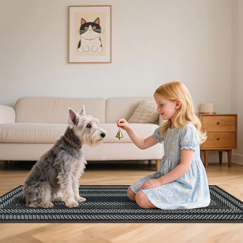 HEBE Washable Kitchen Rugs Sets of 3, Non Slip Absorbent Kitchen Rugs and Mats, Farmhouse Stain Resistant Faux Jute Kitchen Mat Carpet Runner for Kitchen Floor, Laundry Room, Hallway, Black/Grey
