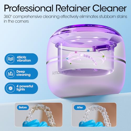 Ultrasonic Retainer Cleaner Machine, Upgraded 45kHz Ultrasonic Jewelry Cleaner for Ring, Aligner, Nightguard, Mouth Guard, Toothbrush Heads, Dental Cleaning Pod with 4 Lights
