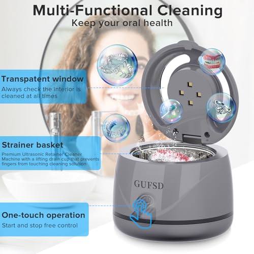 Ultrasonic Retainer Cleaner, 180ML/45kHz Portable Ultrasonic Jewelry Cleaner, Quiet Operation Ultrasonic Cleaner Machine for Dentures,Aligners,Mouth Guards,Night Guards (Gray)