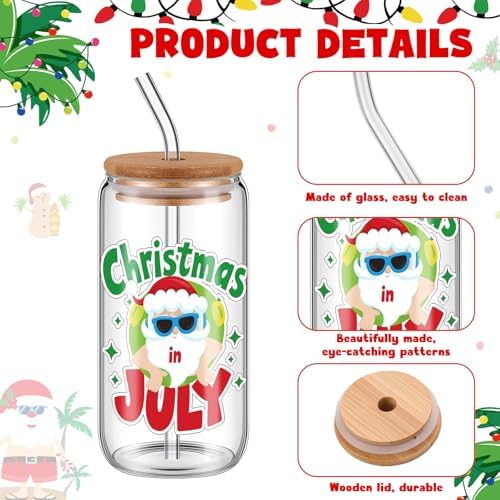 Sliner 8 Pcs 18oz Christmas in July Mason Jar Cups Summer Christmas Gift Mug with Lid and Straw Yulefest Tumbler Glasses Coffee Cups Jar Water Glassware Home Yuletide Decorations Gift for Women Men