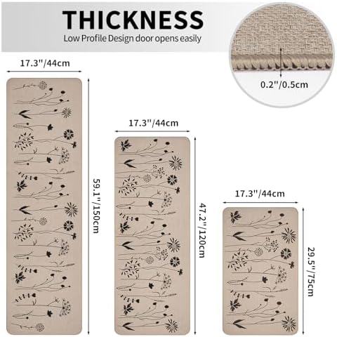 Rempry 3 PCS Kitchen Rugs Set, Flowers Non Slip Kitchen Mats for Floor, Waterproof Kitchen Rug for Laundry Room, Kithcen, 17"x47"+17"x30"+17"x59"