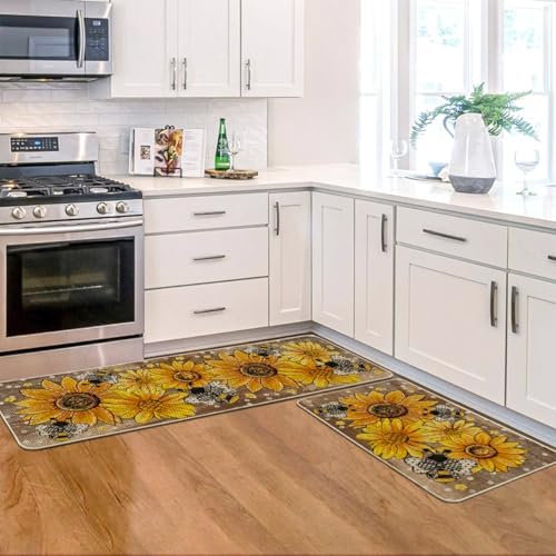Artoid Mode Bee Sunflower Daisy Spring Kitchen Mats Set of 2, Summer Home Decor Low-Profile Kitchen Rugs for Floor - 17x29 and 17x47 Inch