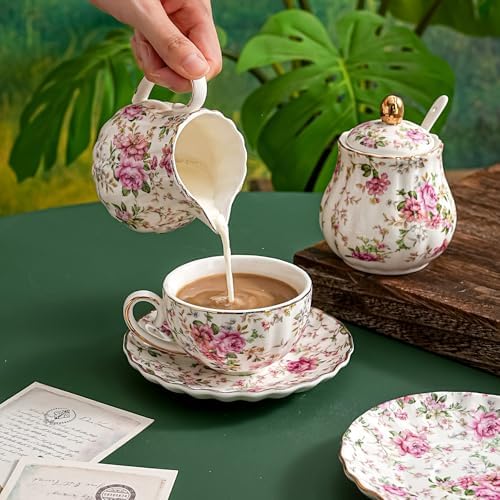 Tea Cup and Saucers, 6.4oz Floral Tea Cups with Gold Trim, Porcelain Bone China Teacup, Coffee Cappuccino Espresso Latte Mugs for Party Birthday,Party Cafe Home, Christmas Gift (White)
