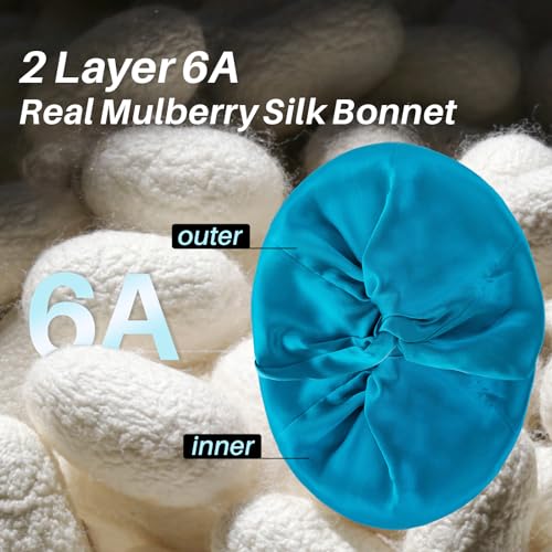 100% Mulberry Silk-Bonnet for Sleeping Women/Men for Curly/Thin/Short/Medium/Braids Hair, Real Silk Wrap Bonnet for Sleeping, Silk Sleep Night Cap for Hair Care, Peacock Blue