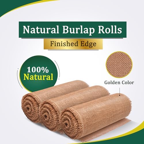 Stiffen Burlap Roll 12" x 30 FT - No-Fray Finished Edge Natural Burlap Fabric – No Odor, Eco-Friendly Roll for Gardening, Rustic Table Decor and Other DIY Crafts