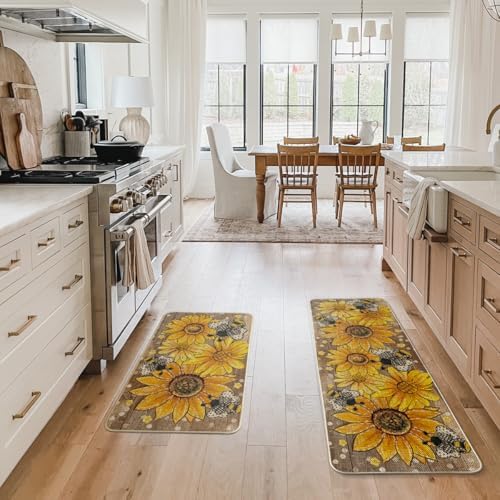 Artoid Mode Bee Sunflower Daisy Spring Kitchen Mats Set of 2, Summer Home Decor Low-Profile Kitchen Rugs for Floor - 17x29 and 17x47 Inch
