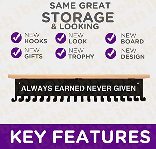 ALWAYS EARNED NEVER GIVEN Trophy and Medal Hanger Display Shelf,Soccer Trophy Shelf with 20 hooks for Medals,Sturdy Soccer Trophy Shelf in Black Metal Wall Mount Over big Medals Trophy Display Shelf