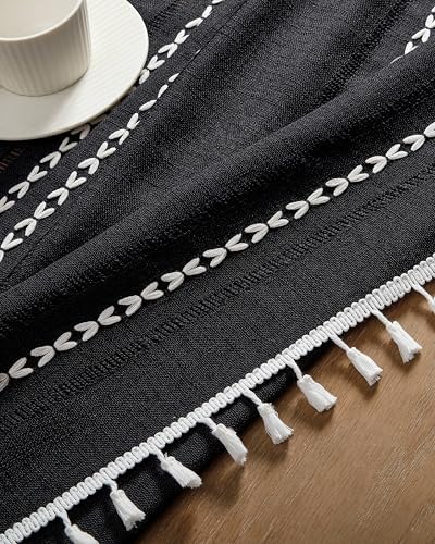 ZeeMart Hemstitched Embroidery Striped Boho Tablecloth 60x84 Inch Black, Heavy Weight Farmhouse Burlap Linen Black Tablecloth, Wrinkle Resistant Washable Table Cloth for Rectangle Table 