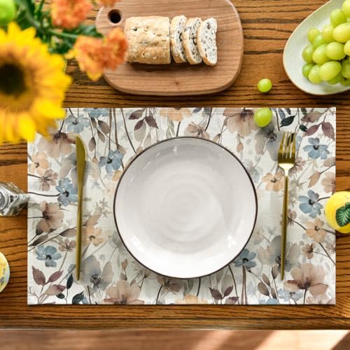Artoid Mode Brown Poppy Flowers Floral Blossom Summer Placemats Set of 4,12x18 Inch Seasonal Fall Table Mats for Party Kitchen Dining Decoration