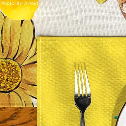 Artoid Mode Yellow Hello Sunshine Sunflower Summer Placemats for Dining Table, 12 x 18 Inch Spring Seasonal Holiday Decoration Rustic Vintage Washable Table Mats Set of 4