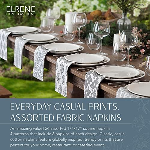 Elrene Home Fashions Everyday Casual Prints Assorted Fabric Napkins, Decorative Cloth Napkins and Table Accessories, 17" X 17", Gray, Set of 24