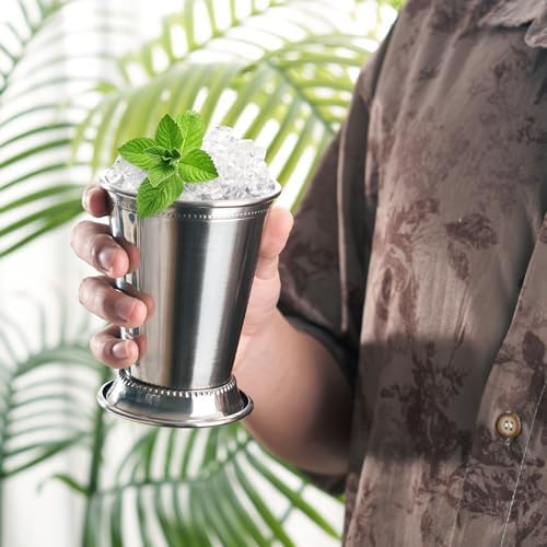 12oz Mint Julep Cups with Straws Set of 4, Stainless Steel Beaded Mint Julep Cups, Mint Julep Glasses for Cocktails Mixed Drinks, Metal Cups for Beer Juice Beverage Party Bar Home Restaurant