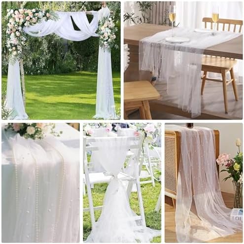 2 Pcs 10 Ft Pearl Table Runner Lace Tablecloth 30x120 Inch White Tulle Fabric Cover Table Cloth Bridal Elegant Veil Arch Decorations for Wedding Baby Shower Birthday Pearl Party Dessert Table Decor