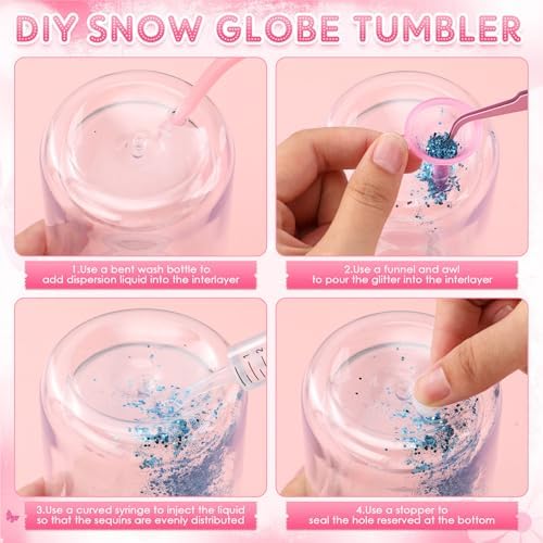6 Pack Plastic Snow Globe Tumbler 16 Oz Pre Drilled Double Wall Clear Cups with Lid and Straw Squeeze Bottle Funnel Tweezer Bent Syringe for Glitter Snow Globe DIY Cup Making Supplies
