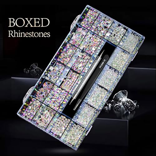 12 Types of 600 Crystal AB Diamonds + 2500 Flat Rhinestones Mix 20 Styles Flatback DIY Crafts Rhinestone Crystals 3D Ornaments Flat Back Stones Set + Tweezers + Drill Pen
