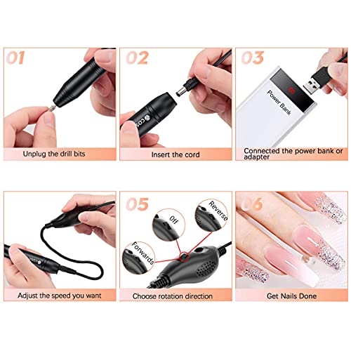 Electric Nail Drill, USB Electric Nail Drill Machine for Acrylic Nails, Portable Electrical Nail File Polishing Tool Manicure Pedicure Efile Nail Supplies for Home and Salon Use Black