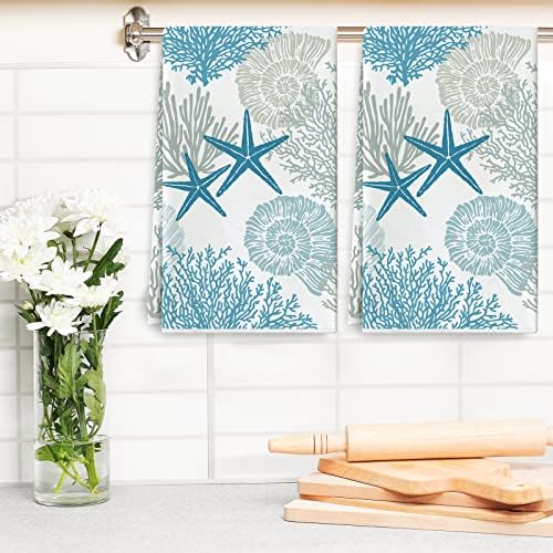 Ocean Theme Kitchen Dish Towel Beach Seashell Coral Starfish Hand Dying Towel Sea Creature Tea for Cooking Baking Kitchen Accessories, Set of 2, 18 x 28 Inch