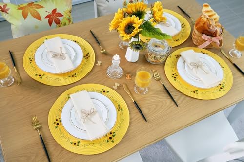 Feuille Sunflower Placemats Set of 4 Round Summer Placemats for Dining Table Yellow Placemats Hello Sunshine Table Mats Perfect for Spring Decorations