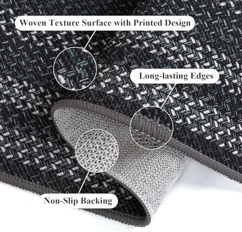 HEBE Washable Kitchen Rugs Sets of 3, Non Slip Absorbent Kitchen Rugs and Mats, Farmhouse Stain Resistant Faux Jute Kitchen Mat Carpet Runner for Kitchen Floor, Laundry Room, Hallway, Black/Grey