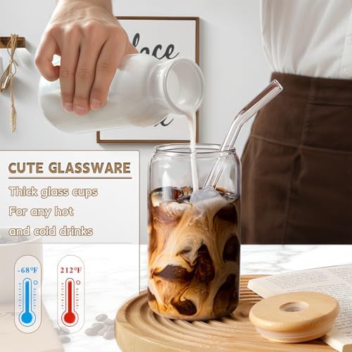 DWTS DANWEITESI Iced Coffee Cups with Lids 2 pcs,16 oz Glass Cups with Lids and Straws as Coffee Bar Accessories,Beer Drinking Glasses,Reusable Glass Tumbler,Cute Coffee Cups for Coffee, Juice, Gifts